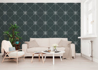 Study room featuring Sashiko Hana-Goshi wallpaper with stitched floral grid, GD8777