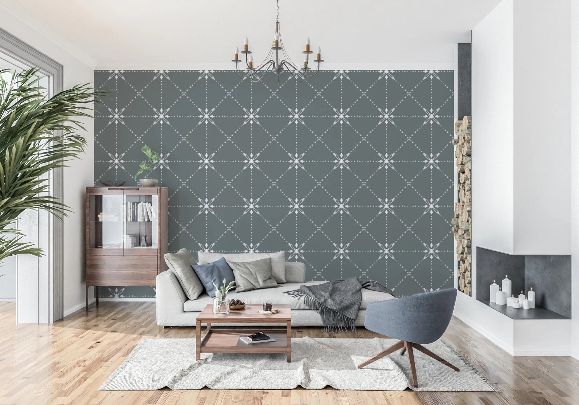 Latticed flower stitch wallpaper with geometric symmetry and dotted line detailing, GD8777