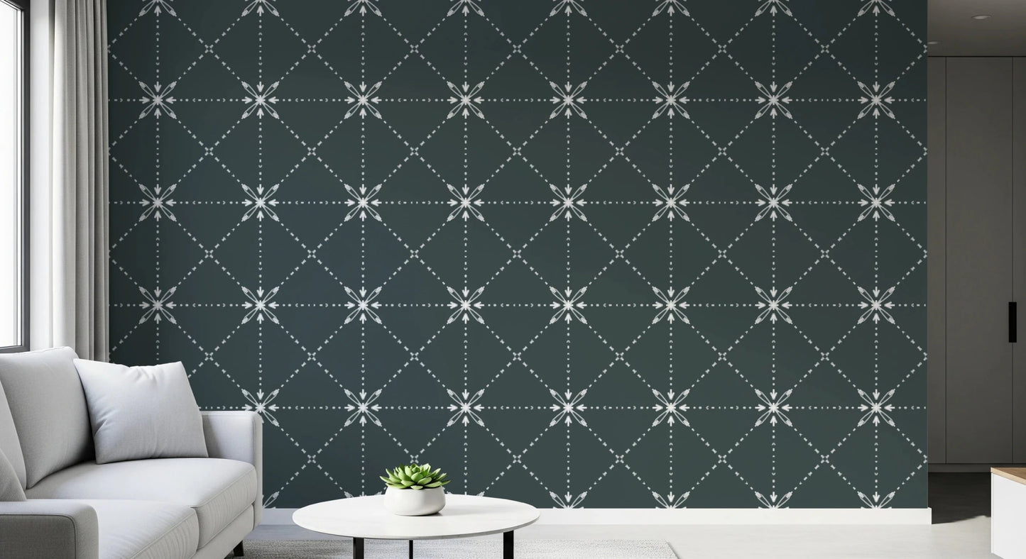 Sashiko Hana-Goshi wallpaper showing white stitch motifs on deep outer space tone, GD8777