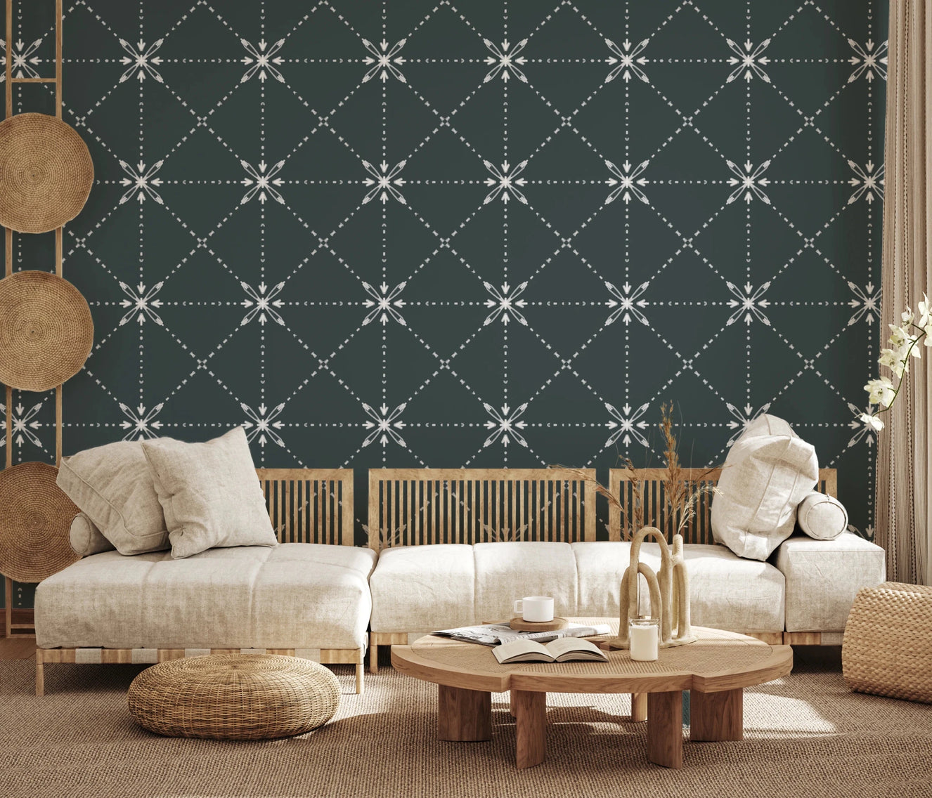 Sashiko Hana-Goshi wallpaper in living room with latticed flower stitch design