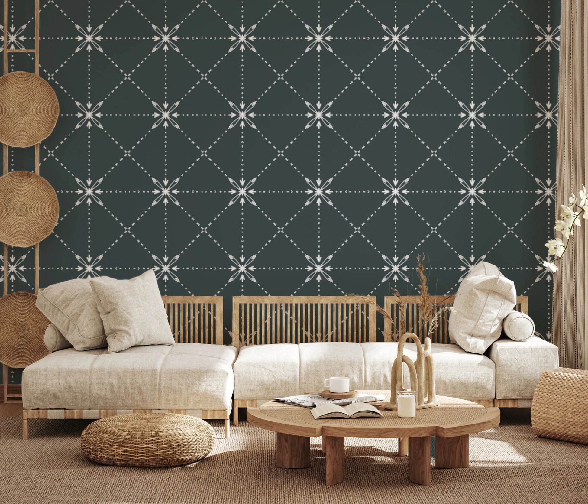 Sashiko Hana-Goshi wallpaper in living room with latticed flower stitch design, GD8777