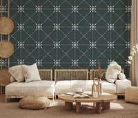 Sashiko Hana-Goshi wallpaper in living room with latticed flower stitch design, GD8777