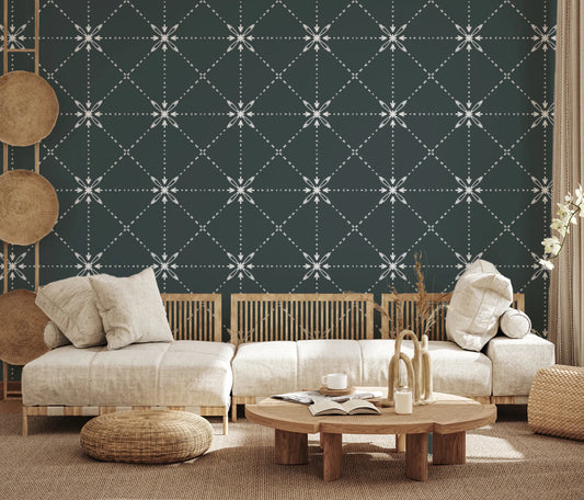 Sashiko Hana-Goshi wallpaper in living room with latticed flower stitch design