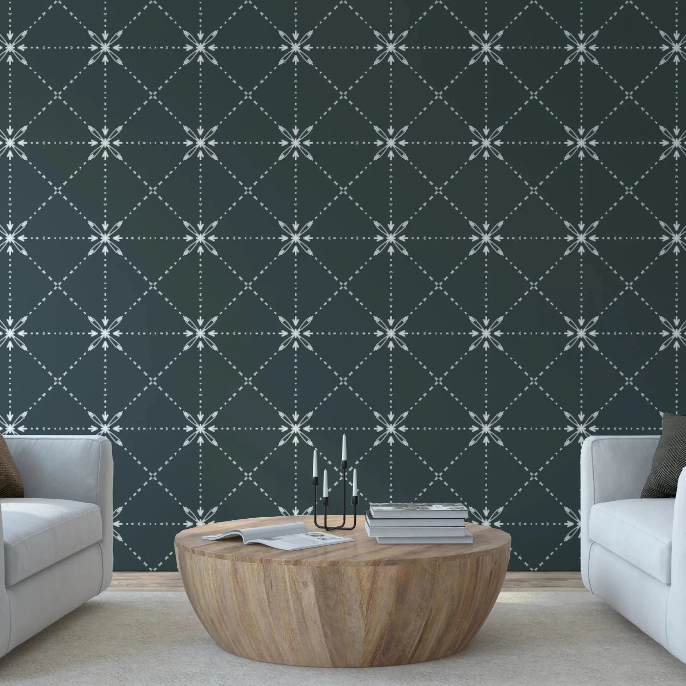 Hallway with latticed flower stitch wallpaper on outer space background, GD8777