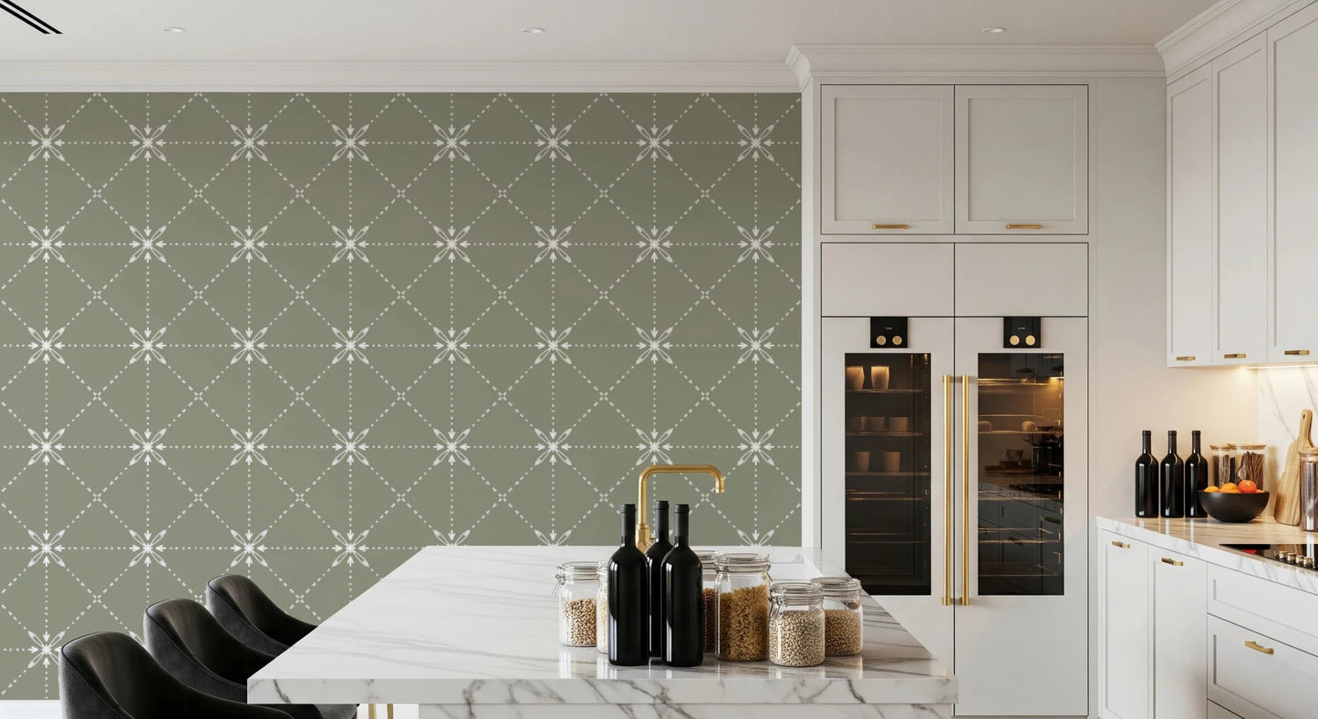 White stitched floral grid on Sashiko Hana-Goshi Sage kitchen area Wallpaper surface