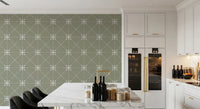 White stitched floral grid on Sashiko Hana-Goshi Sage kitchen area Wallpaper surface