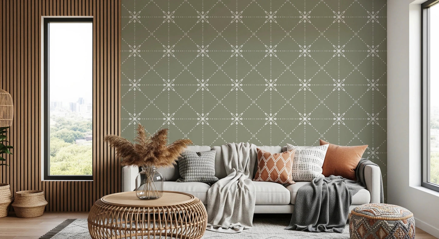 Decorative stitch pattern in Flower Stitch Sage Wallpaper with balanced spacing