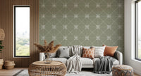 Decorative stitch pattern in Flower Stitch Sage Wallpaper with balanced spacing