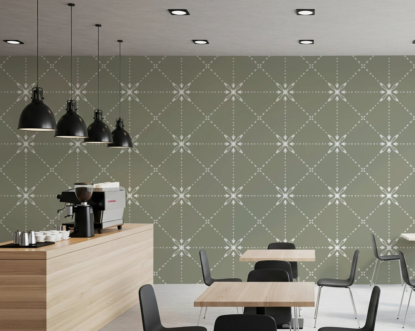 Structured floral repeat on Latticed Flower Wallpaper in gentle sage tone
