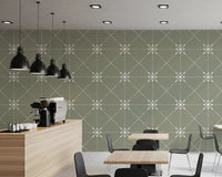 Structured floral repeat on Latticed Flower Wallpaper in gentle sage tone