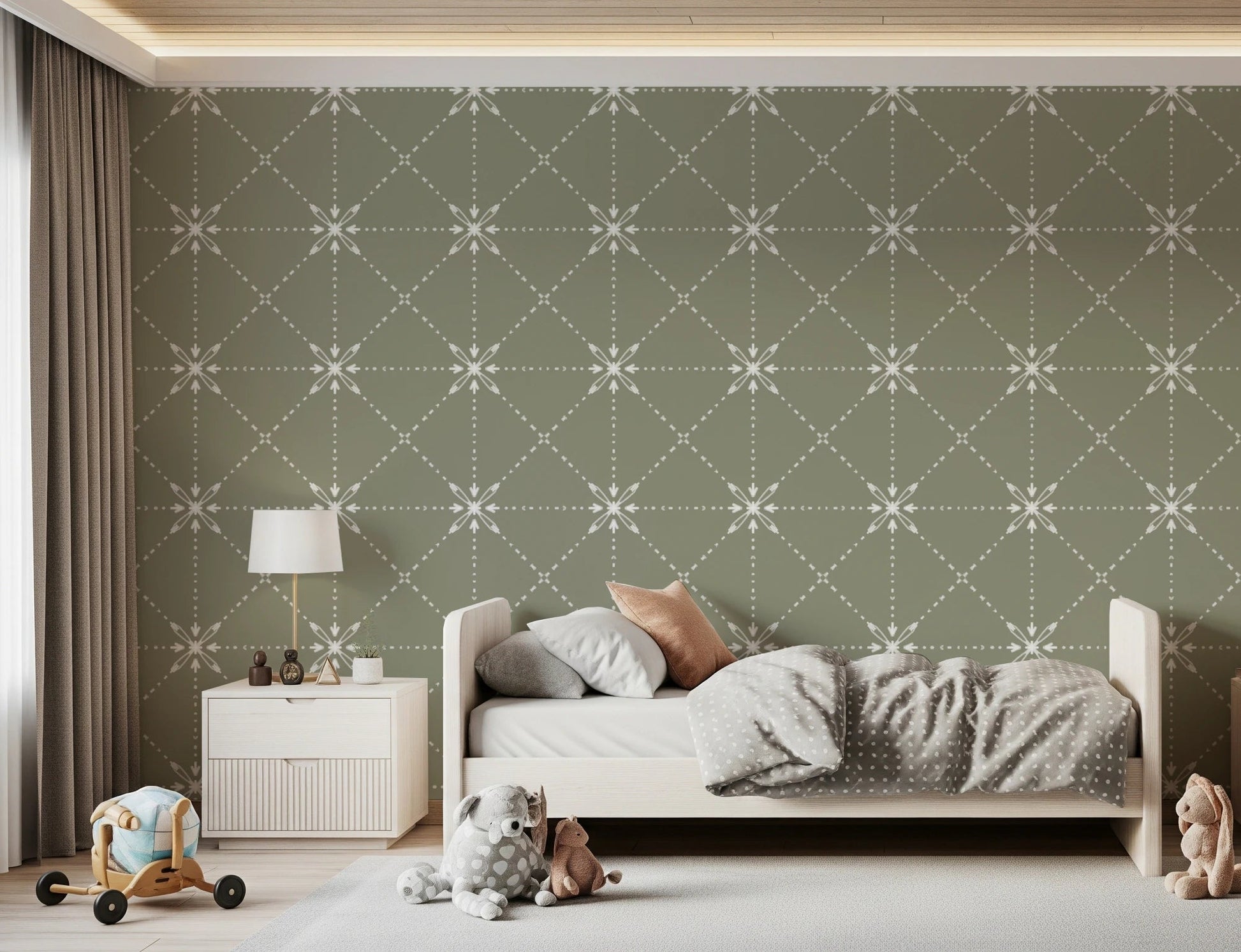 Folk-inspired stitch repeat in Flower Stitch Wallpaper with calm sage base