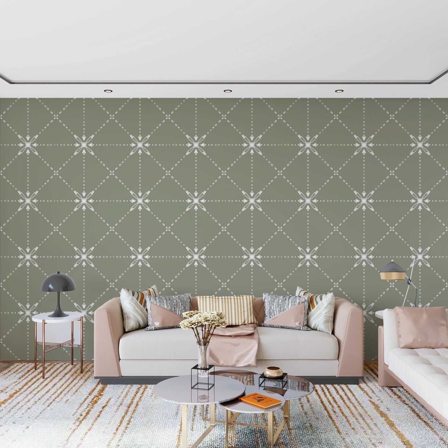 Living room styled in Flower Stitch Sage Wallpaper with geometric motif repeat