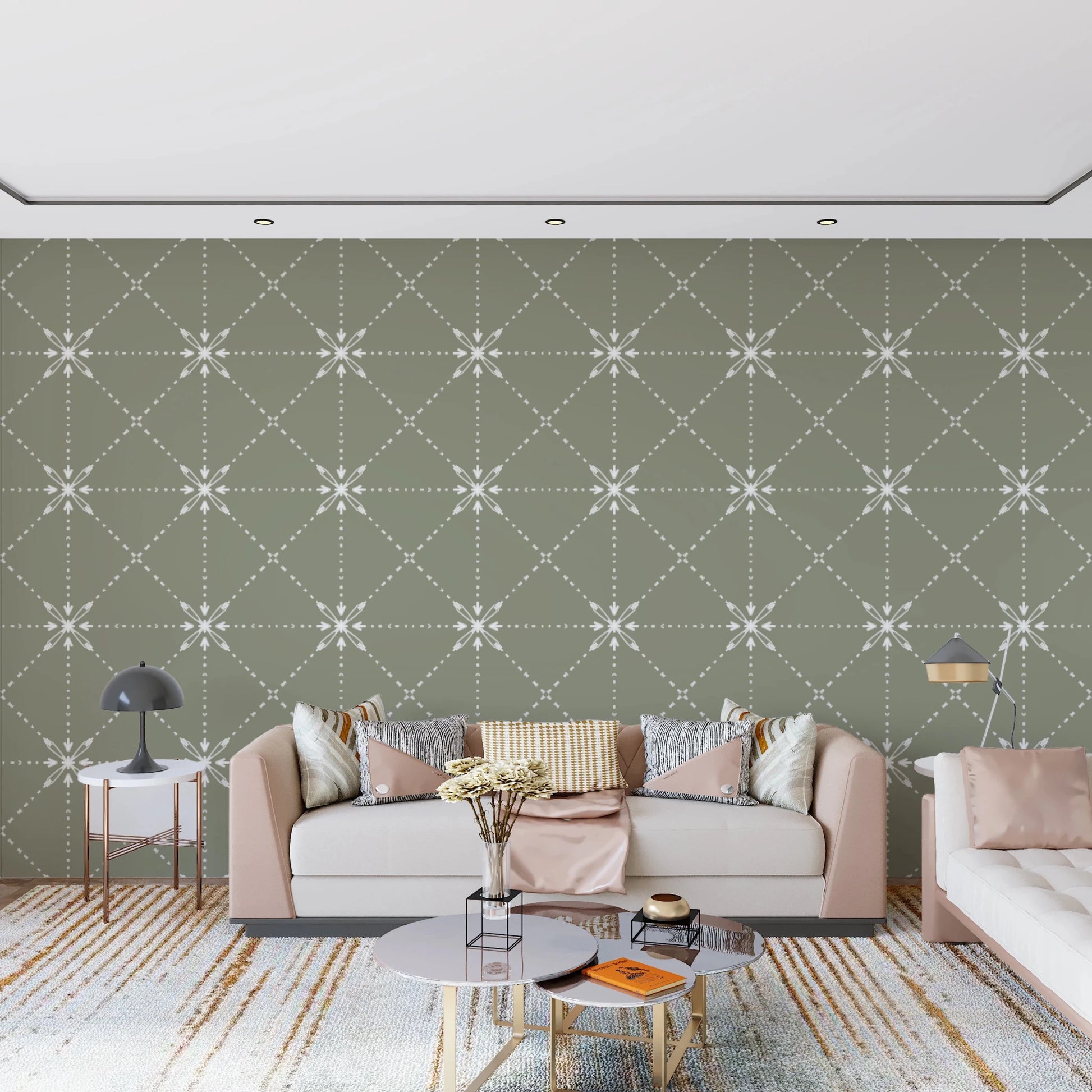 Living room styled in Flower Stitch Sage Wallpaper with geometric motif repeat