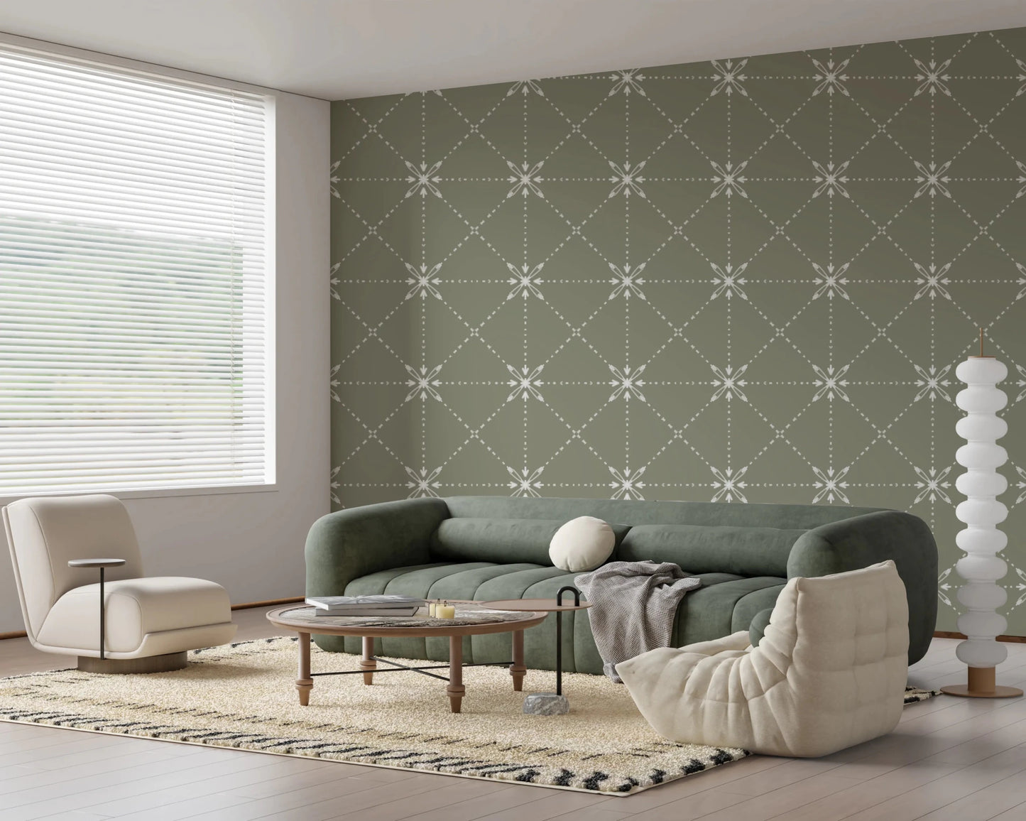 Geometric floral lattice on Latticed Flower Sage Wallpaper with soft contrast