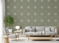 Room with Latticed Flower Wallpaper in muted sage green tone