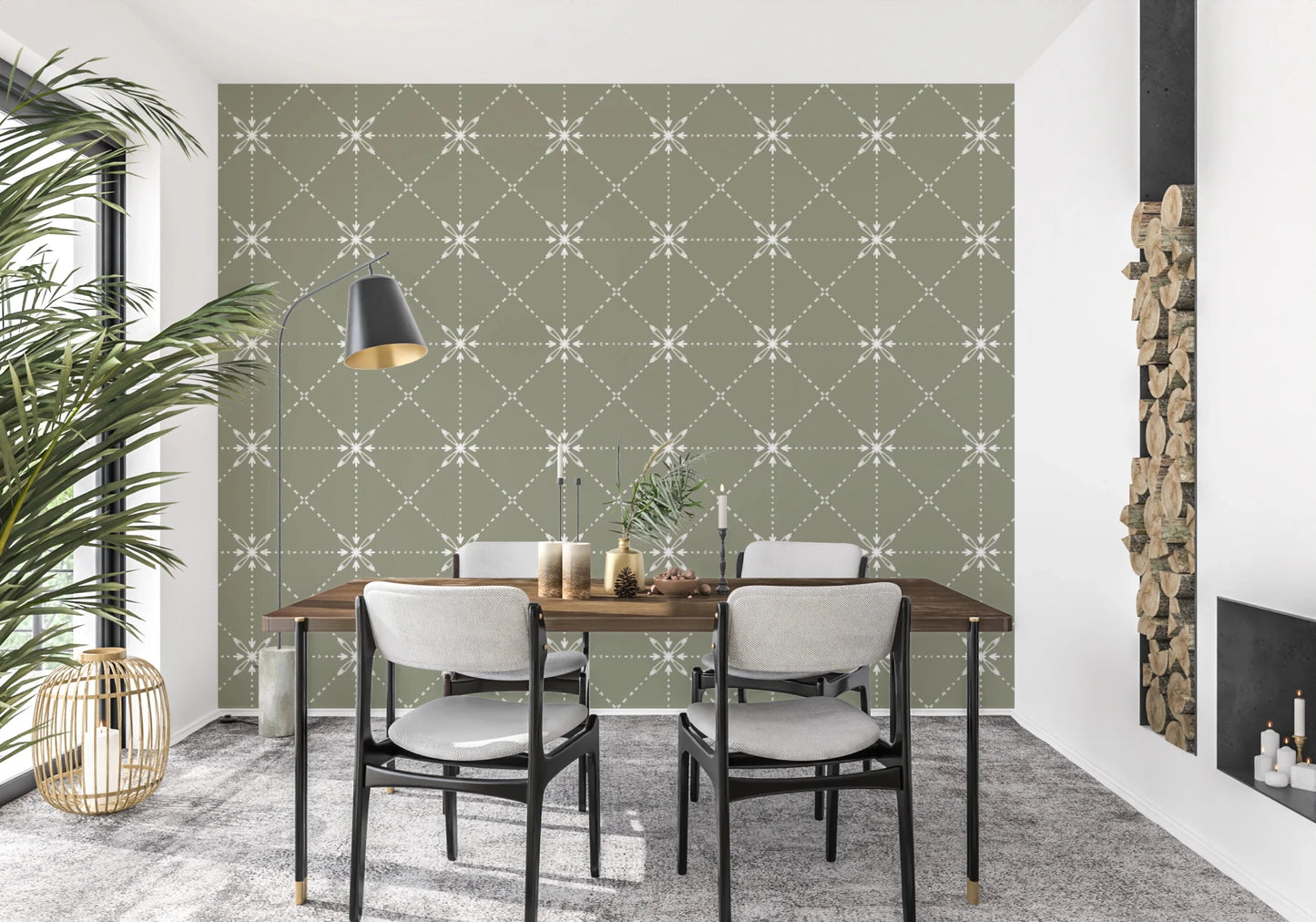 Dining room with Sashiko Hana-Goshi Sage Wallpaper in stitched floral lattice