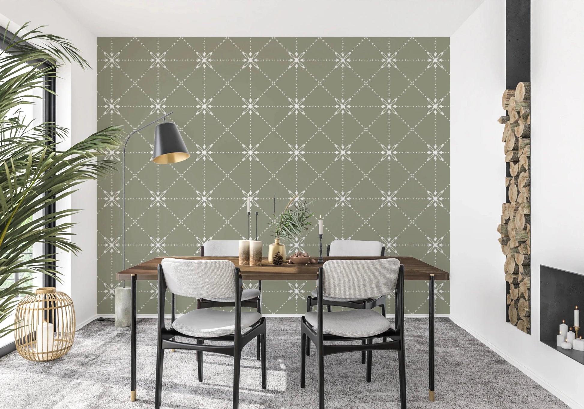 Dining room with Sashiko Hana-Goshi Sage Wallpaper in stitched floral lattice