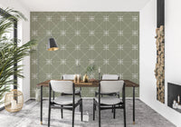 Dining room with Sashiko Hana-Goshi Sage Wallpaper in stitched floral lattice