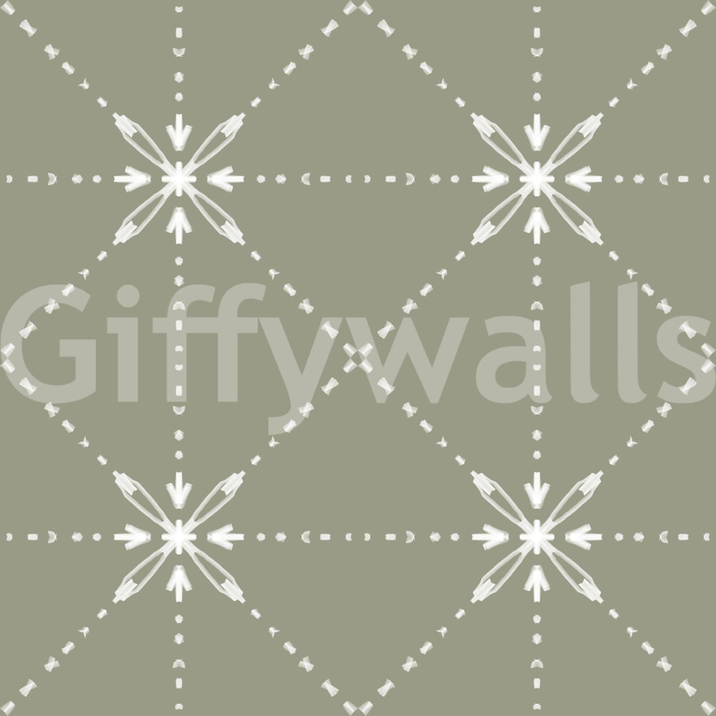 Soft sage backdrop in Sashiko Hana-Goshi Wallpaper with white stitched motifs