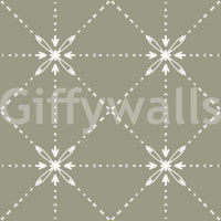 Soft sage backdrop in Sashiko Hana-Goshi Wallpaper with white stitched motifs