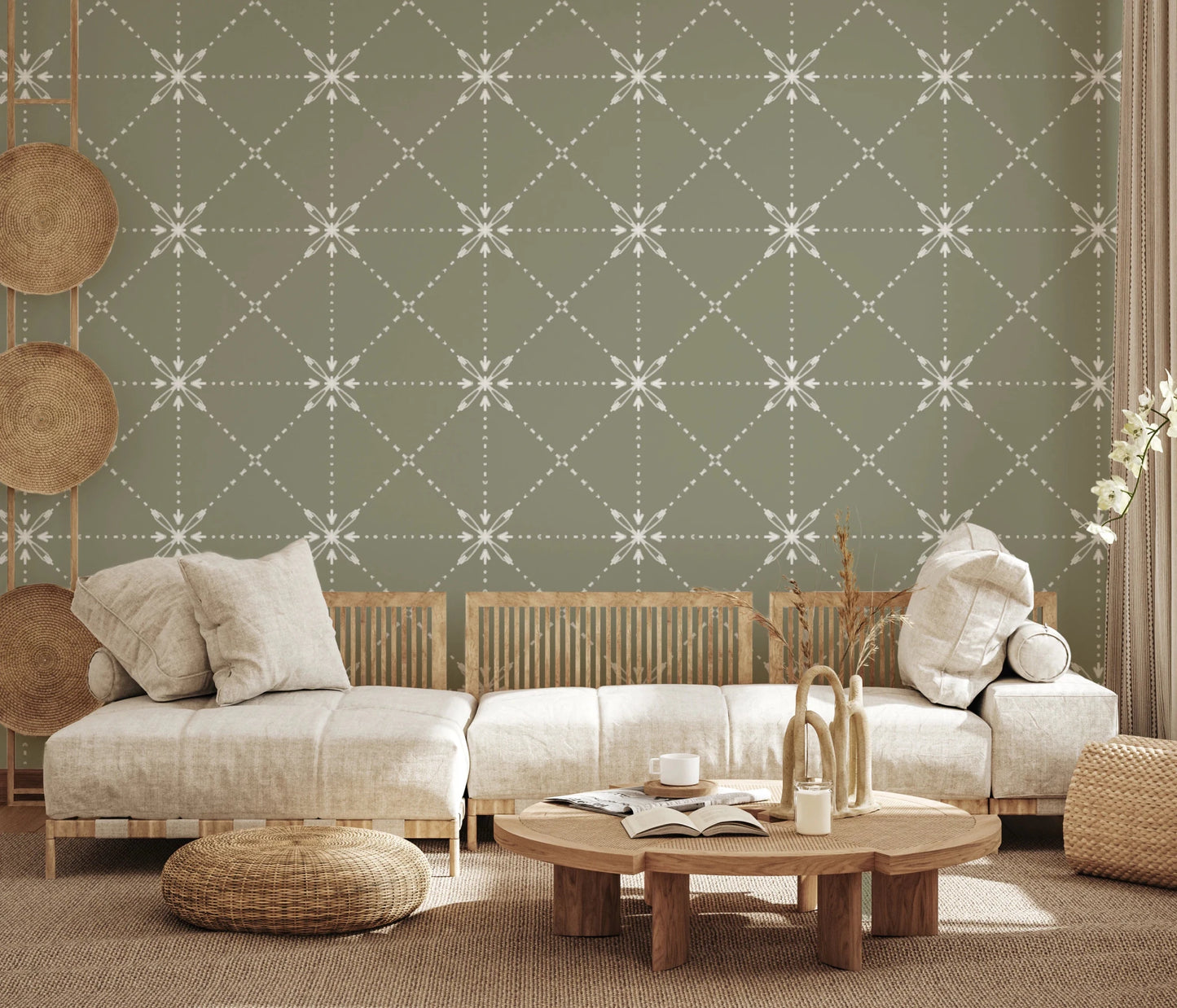 Hallway featuring Sashiko Hana-Goshi Wallpaper and soft lattice flower design