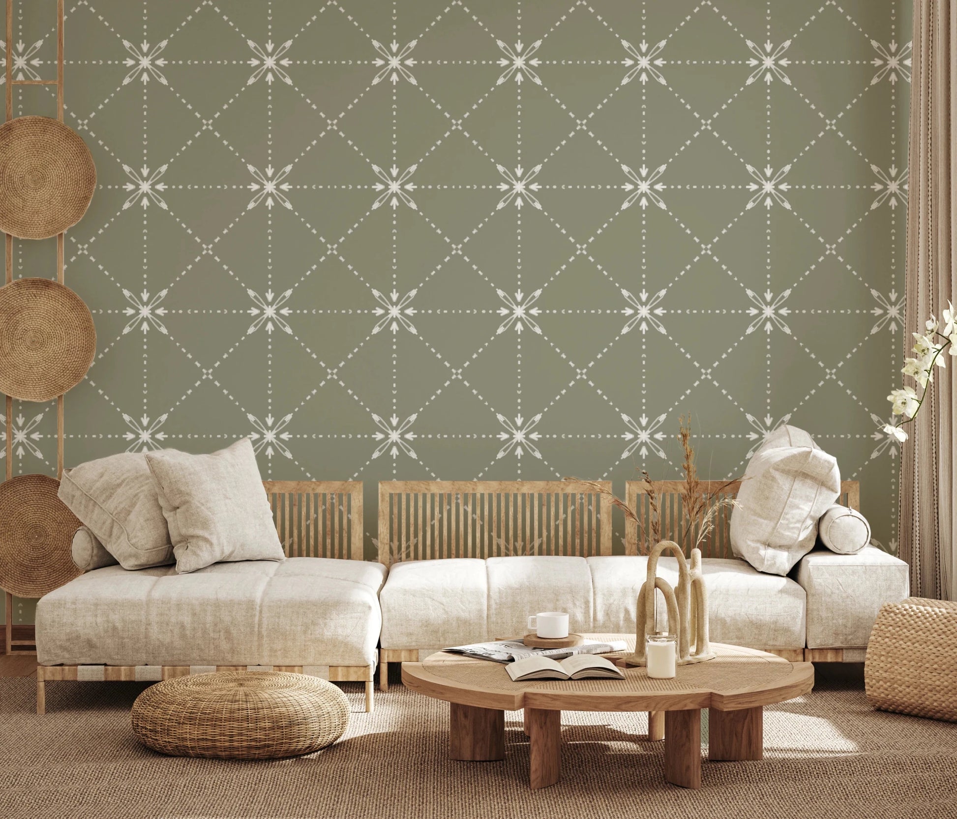 Hallway featuring Sashiko Hana-Goshi Wallpaper and soft lattice flower design
