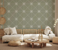 Hallway featuring Sashiko Hana-Goshi Wallpaper and soft lattice flower design