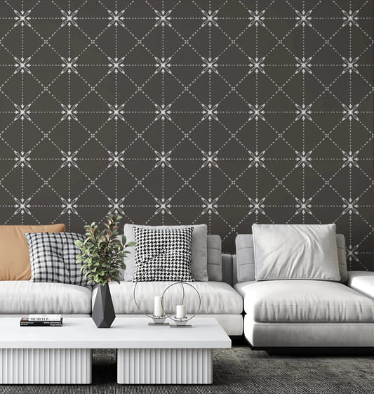 Living room with Sashiko Hana-Goshi Silhouette Wallpaper in floral lattice pattern