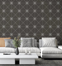 Living room with Sashiko Hana-Goshi Silhouette Wallpaper in floral lattice pattern