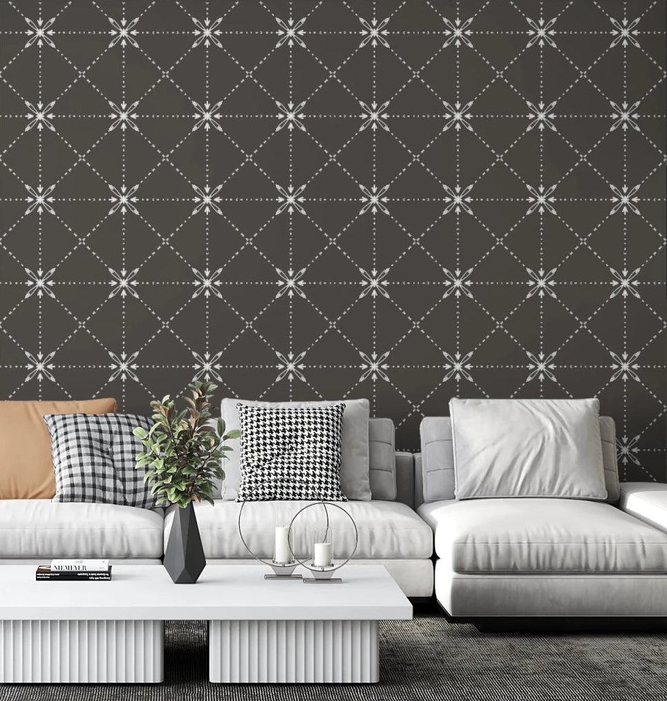 Living room with Sashiko Hana-Goshi Silhouette Wallpaper in floral lattice pattern, GD8779