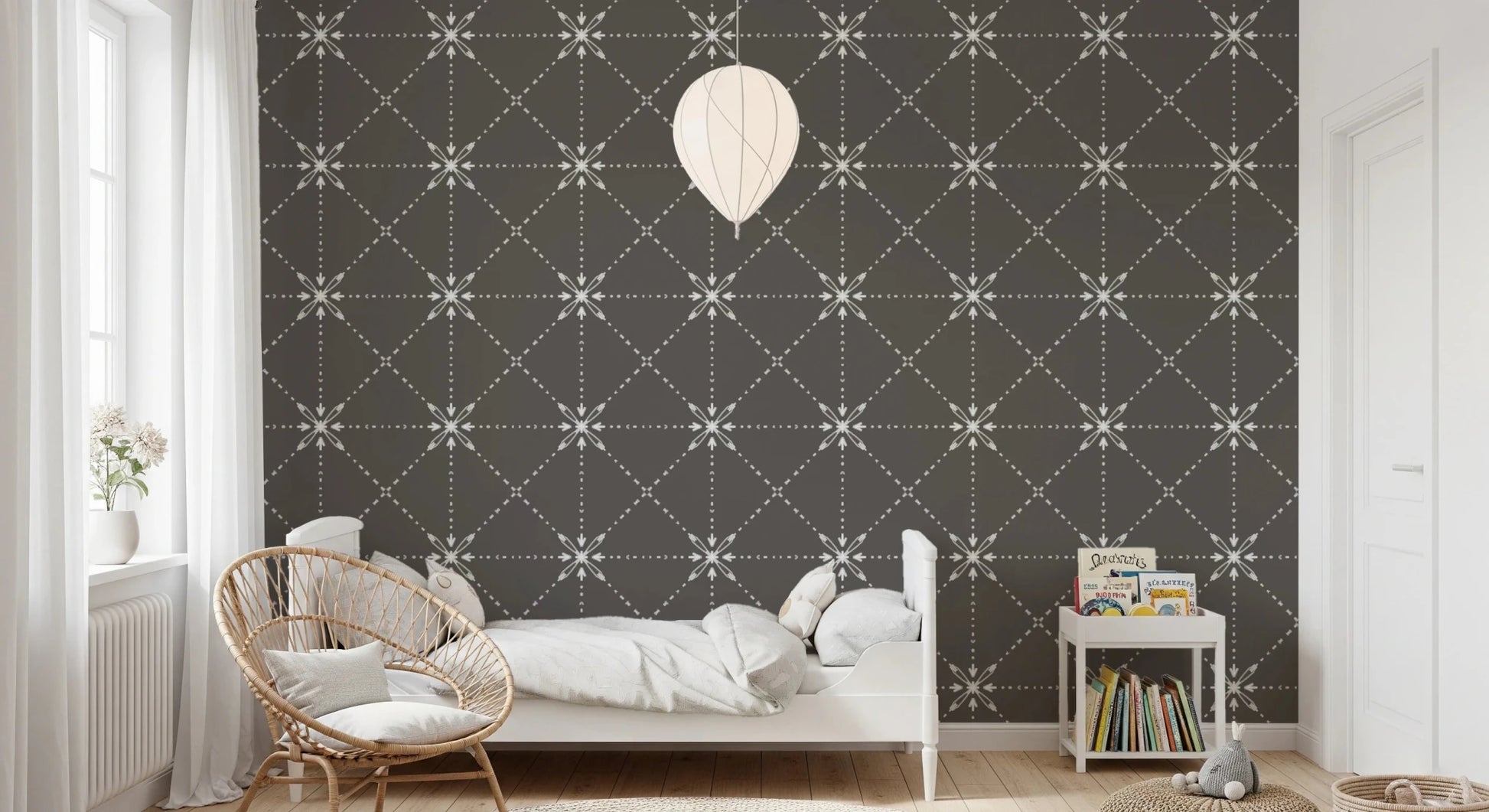 Dark grounded wall in Sashiko Hana-Goshi Wallpaper with white detail