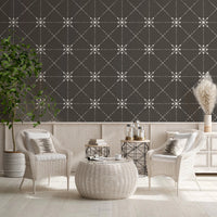 Handcrafted floral repeat in Flower Stitch Wallpaper with dark neutral base