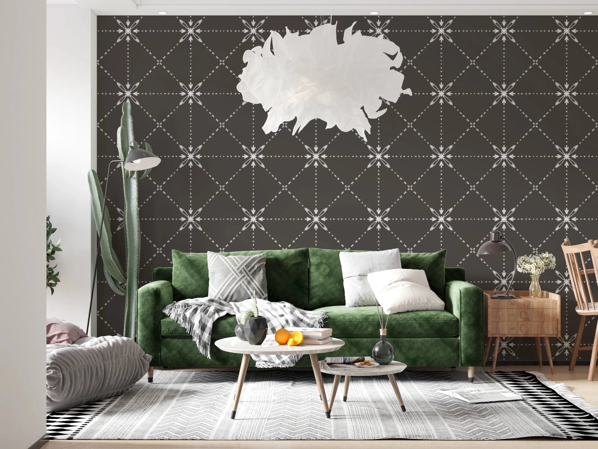 Hallway featuring Sashiko Hana-Goshi Wallpaper and geometric flower lattice