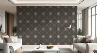 Decorative stitched repeat on Latticed Flower Wallpaper with soft contrast