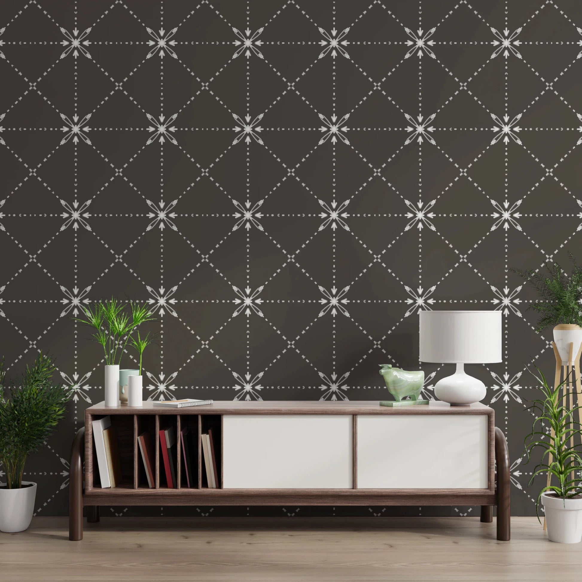 Rooms styled in Flower Stitch Silhouette Wallpaper with stitched motif repeat