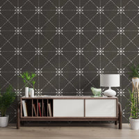 Rooms styled in Flower Stitch Silhouette Wallpaper with stitched motif repeat