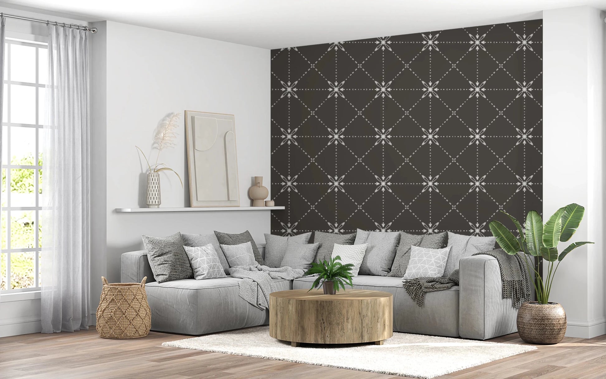Living room with Latticed Flower Wallpaper in deep silhouette tone