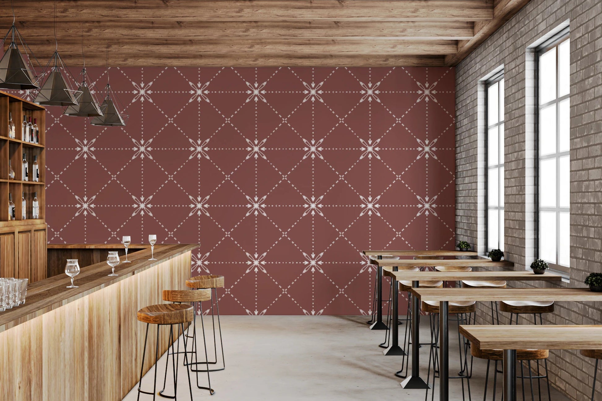 Repeating floral grid in Flower Stitch Terracotta Wallpaper with folk style