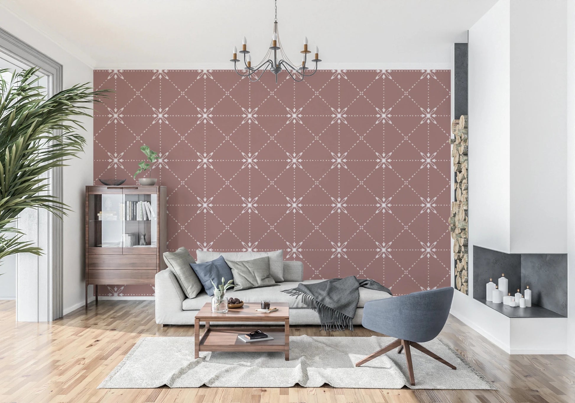 Geometric stitch pattern on Latticed Flower Terracotta Wallpaper design