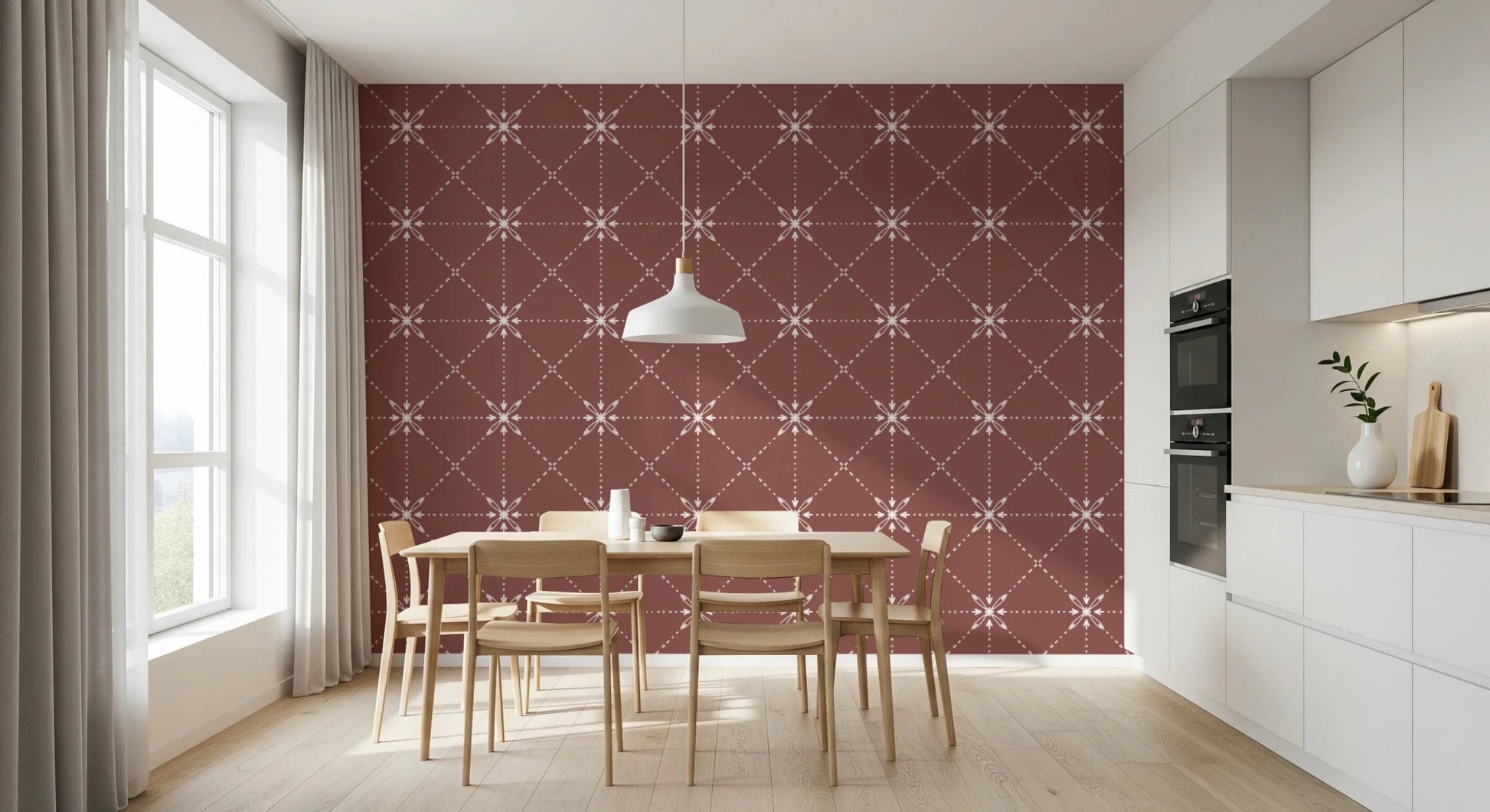 Decorative stitched pattern on Latticed Flower Wallpaper with soft contrast
