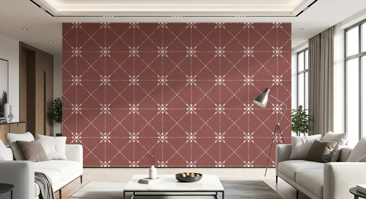 Warm clay-toned wall in Sashiko Hana-Goshi Wallpaper with white detail