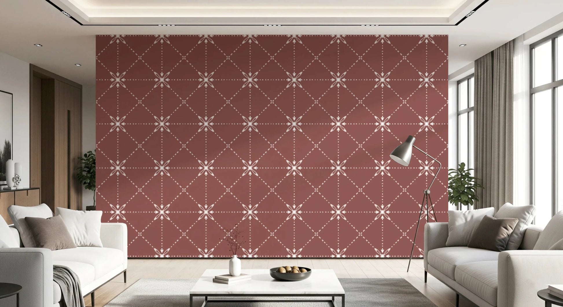 Warm clay-toned wall in Sashiko Hana-Goshi Wallpaper with white detail