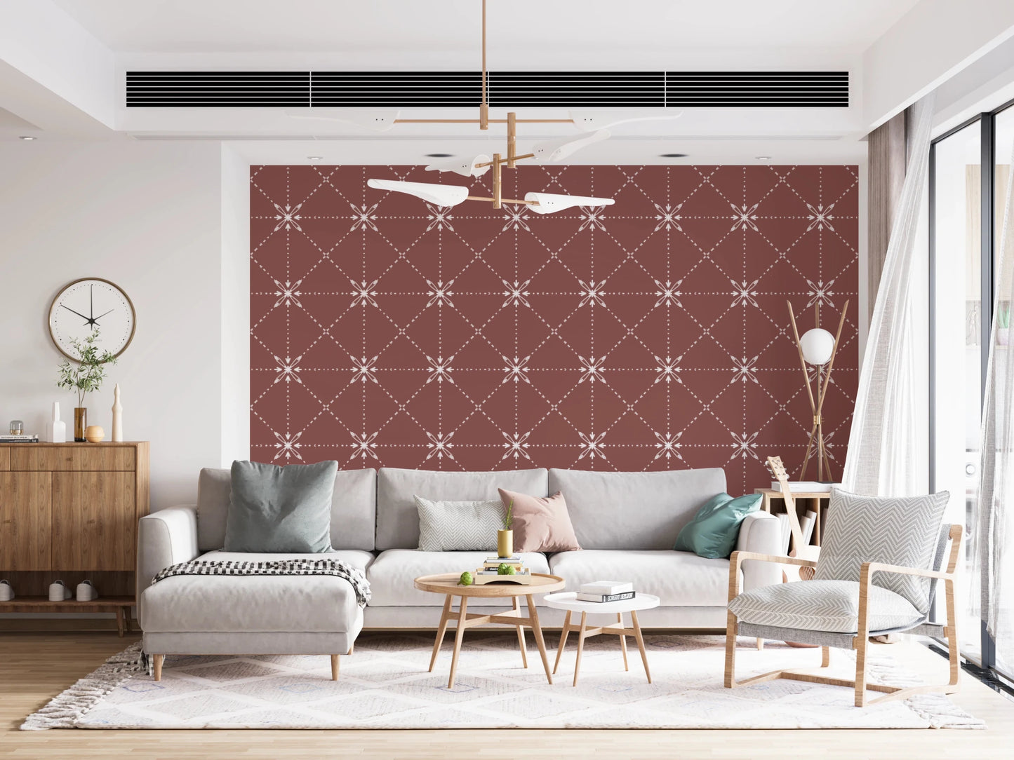 Handcrafted motif repeat in Flower Stitch Wallpaper with earthy base