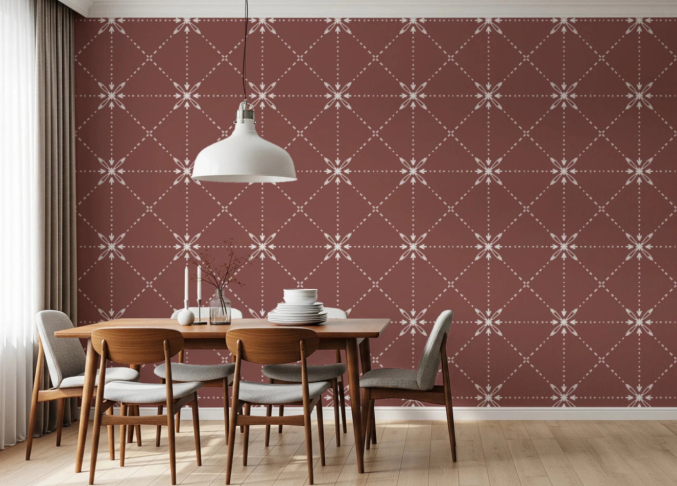 Dining room with Sashiko Hana-Goshi Terracotta Wallpaper in floral lattice design