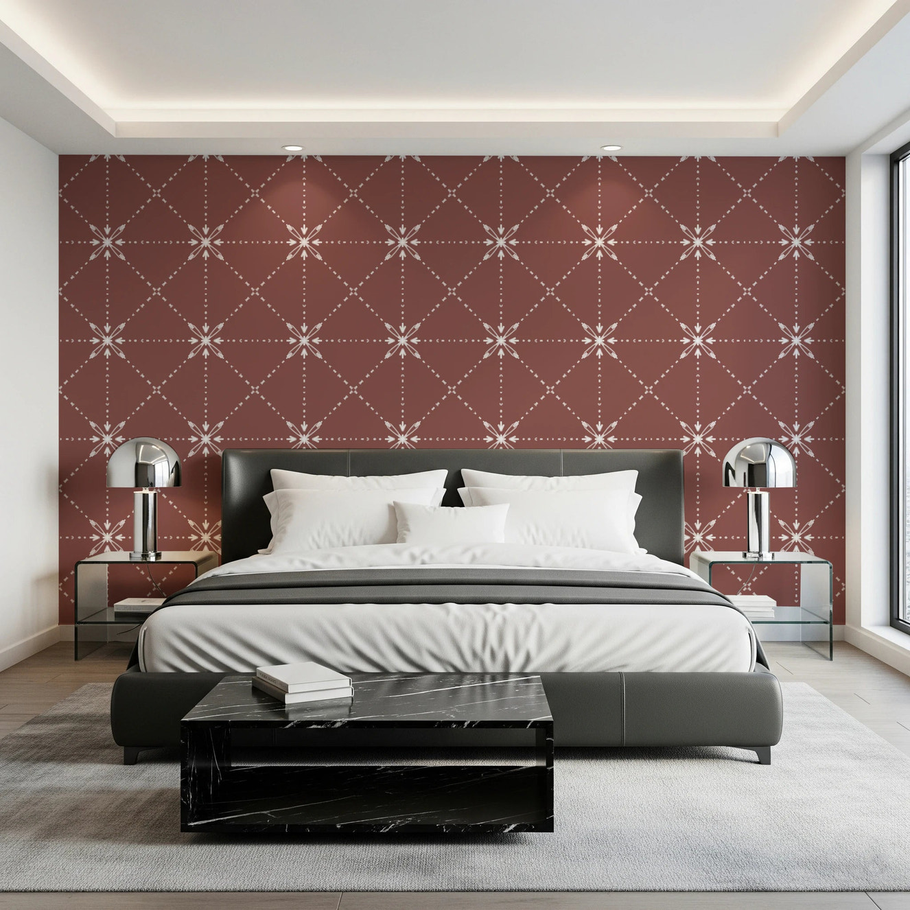 Sashiko Hana-Goshi - Latticed Flower Stitch On Terracotta Wallpaper⁠