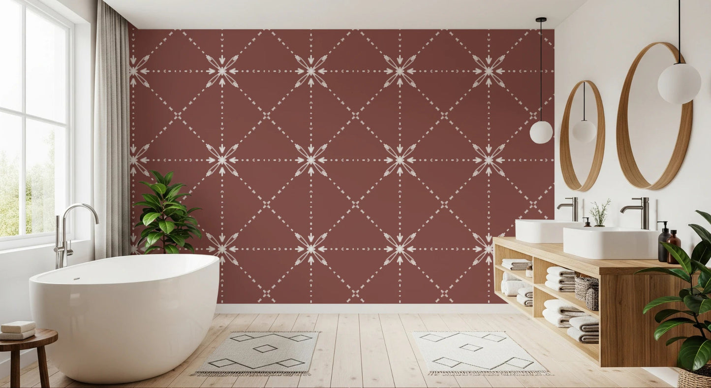 Bathroom with Latticed Flower Wallpaper in warm terracotta tone