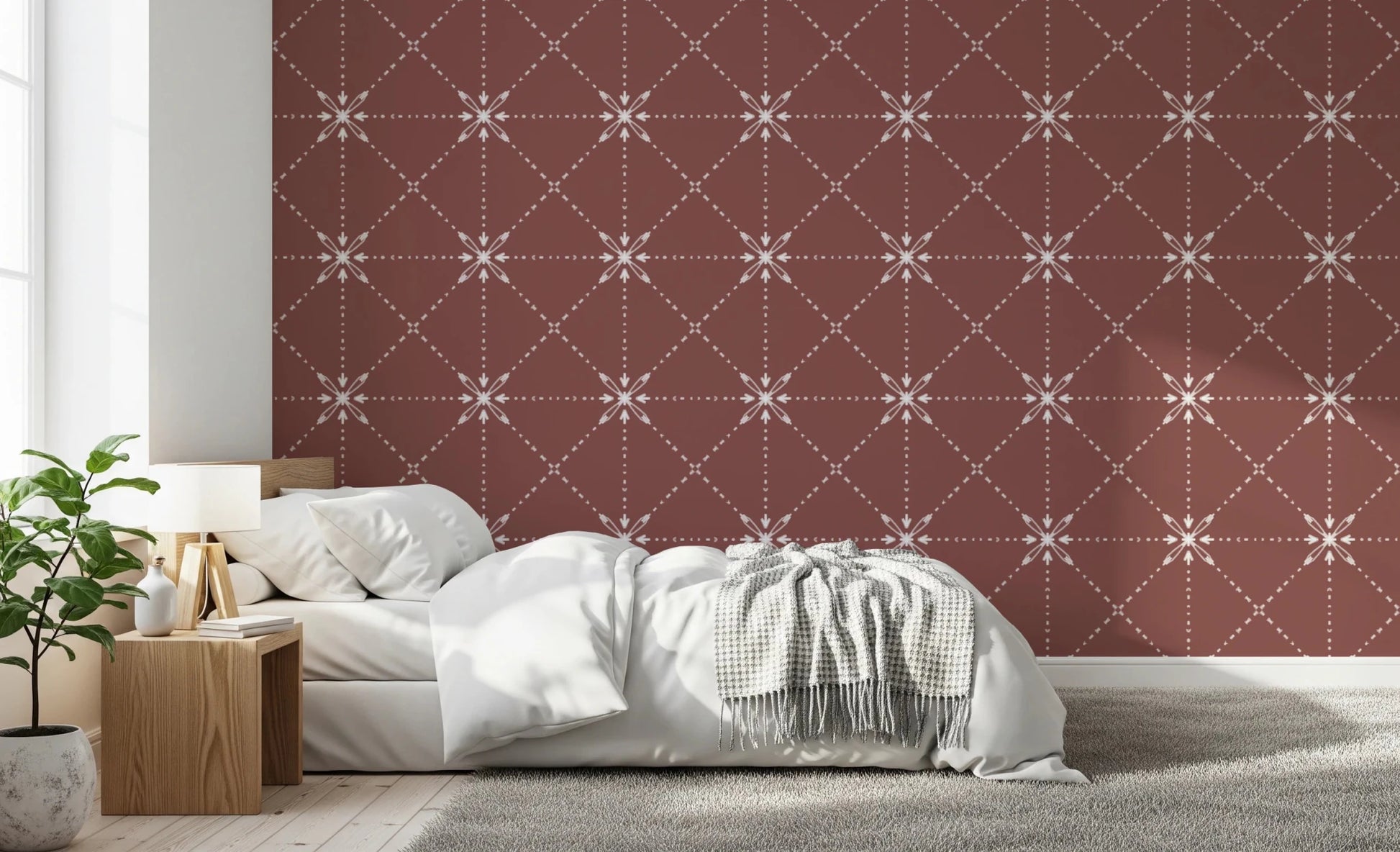 Bedroom featuring Sashiko Hana-Goshi Wallpaper and geometric flower repeat