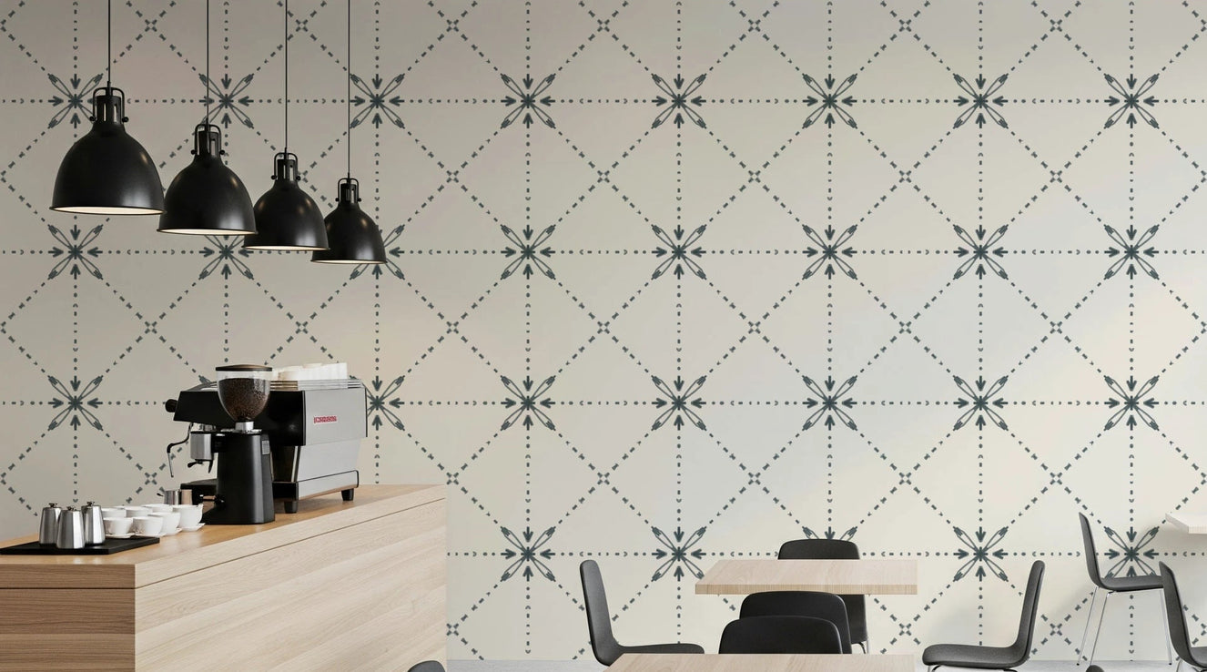 Cafe area finished with Sashiko Hana-Goshi outer space wallpaper pattern