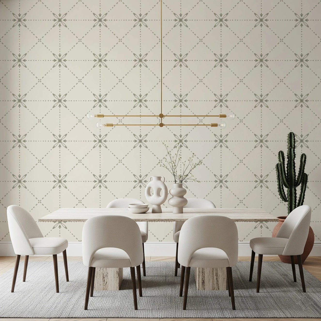 Sashiko Hana-Goshi wallpaper in dining room with sage stitch grid