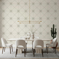 Sashiko Hana-Goshi wallpaper in dining room with sage stitch grid